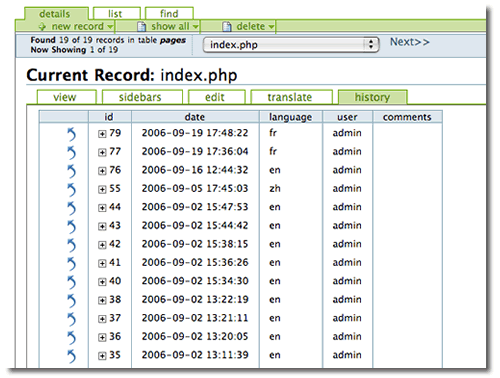 Figure 1: The History tab shows a list of previous versions of the current record along with timestamps to mark when it was changed.
